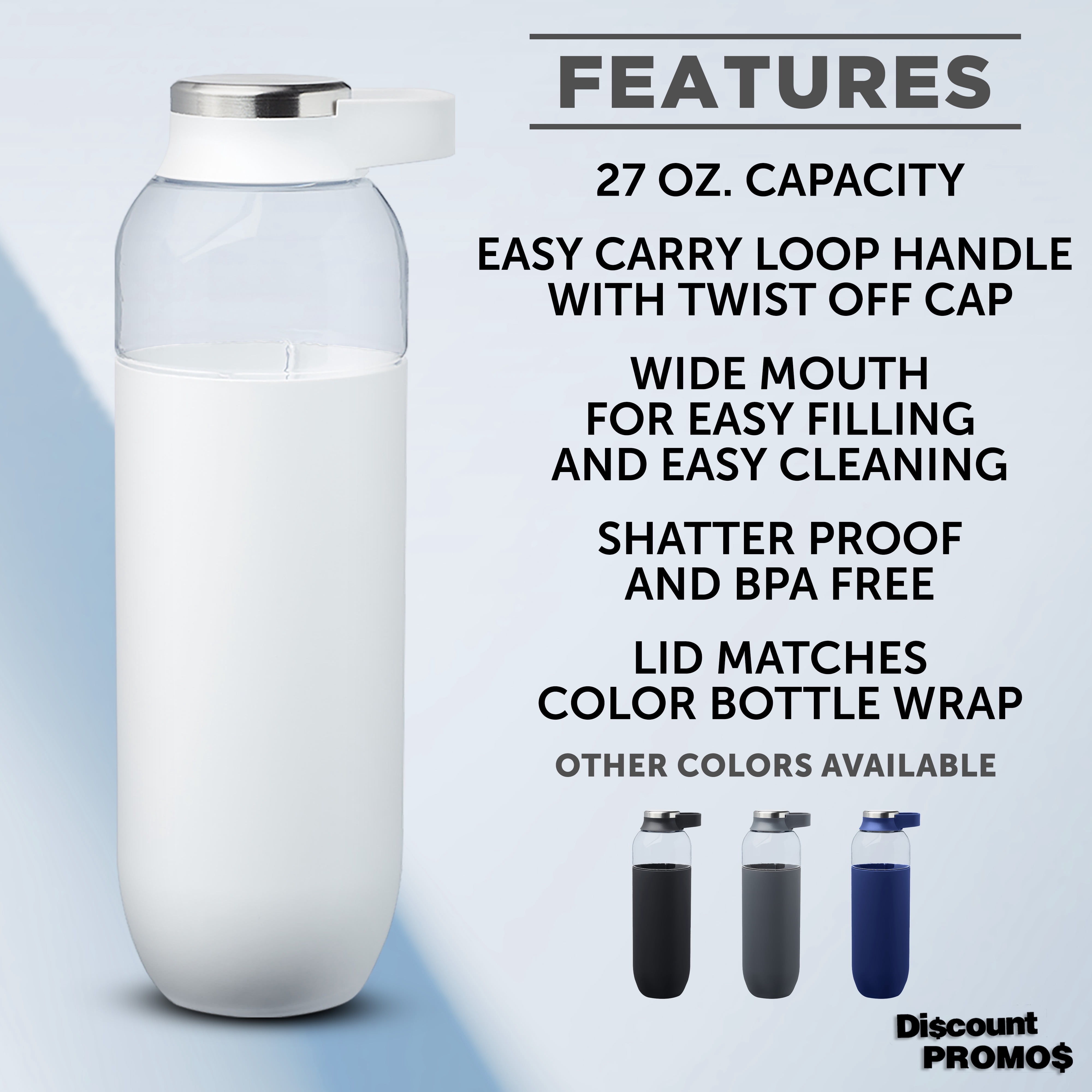 Strike Plastic Water Bottles with Carrier Handle 27 oz. Set of 10, Bulk Pack - Reusable, Great for Gym, Hiking, Cycling, and For School - White