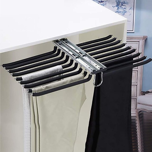 Pull-Out Trousers Rack Drawer,Pants Hangers,Multi Functional Pants Rack,Space Saving,Easy Installation,Non-Slip,Can Store 18 Pairs of Pants (Black)