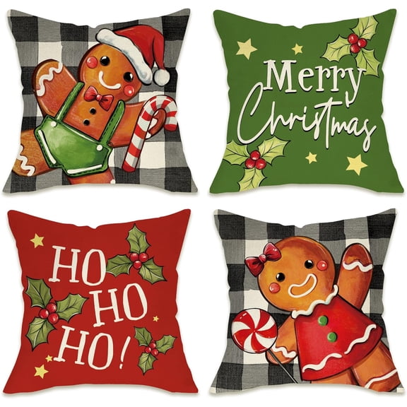 Merry Christmas Gingerbread Man Decorative Throw Pillow Covers 18x18 Set of 4, Xmas HOHOHO Winter Holiday Porch Patio Outdoor Pillowcase Buffalo Plaid Check Farmhouse Cushion Case Home Decor