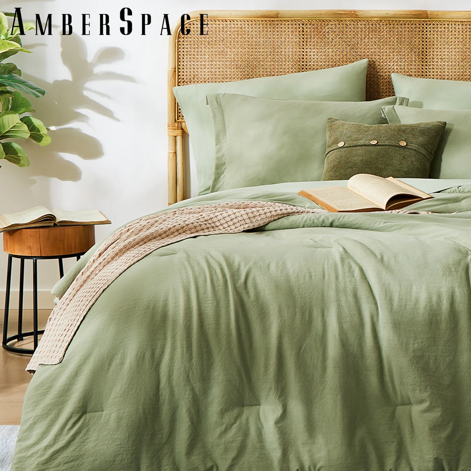 Amberspace Prewashed fabric 7-piece Bed in a Bag Comforter Set with Sheets,Sage green,King