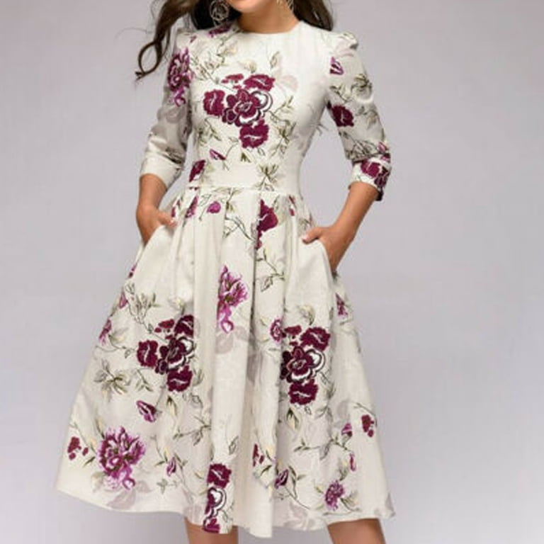 Women 's Floral Vintage Dress 3/4 Sleeves Elegant Midi Evening Dress