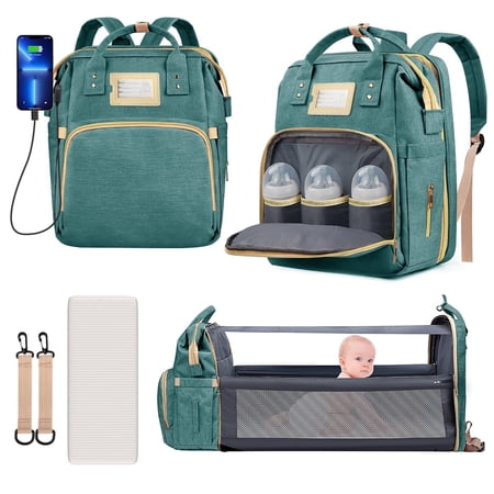 GPED Multifunctional Diaper Bag Backpack with Changing Station & Insulated Pockets  Green