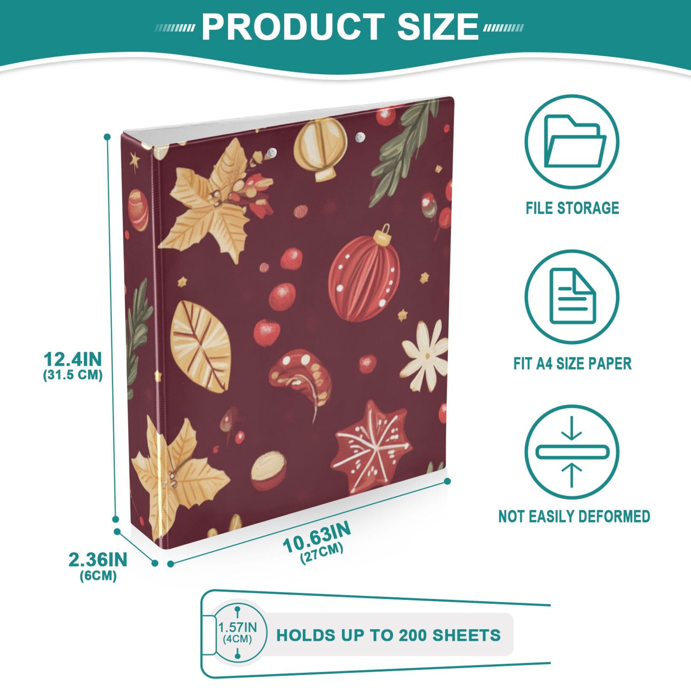 Christmas Red 3 Ring Binders 1.5 inch Hardcover File Folders with Interior Pockets A4 Size Organizer for School Office Hospital