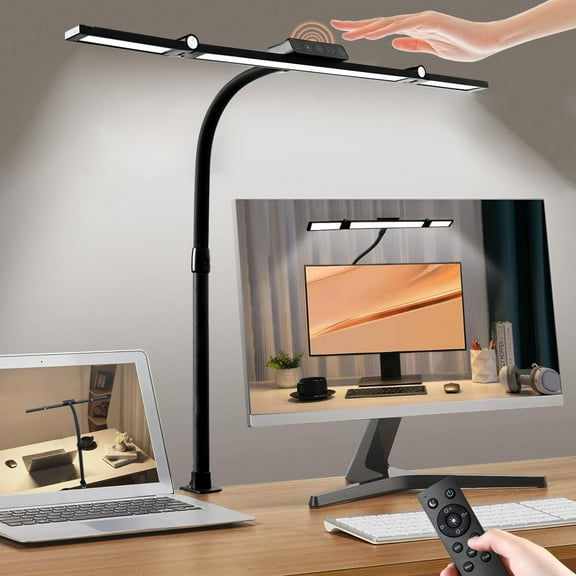 BAYSQUIRREL Led Desk Lamp with Clamp, Gooseneck Remote Control Desk Light with Eye Protection, 24W Ultra Bright Stepless Dimming and Tempering LED Desk Lamp for Home Office, Bedroom, Study