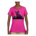 thumbnail image 1 of Neon Retro Rainbow DJ MC Hip Hop Cat | Womens Cat Lover Graphic T-Shirt, Fuschia, Small, 1 of 4