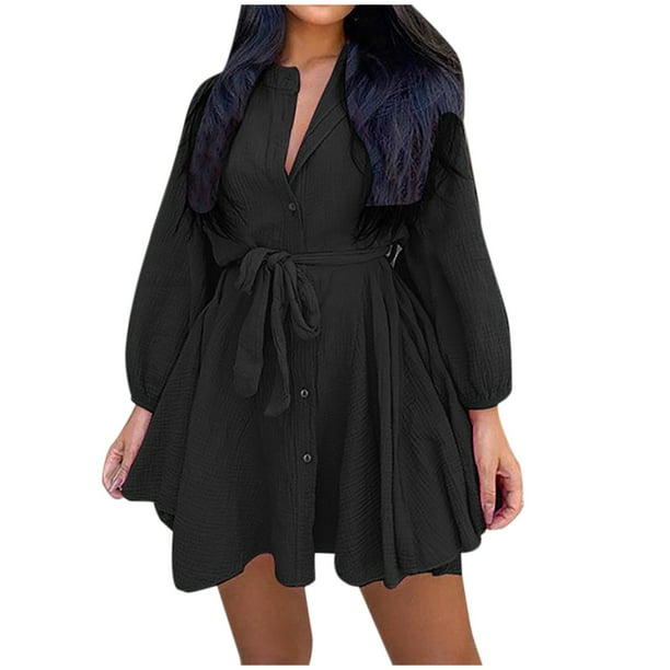 Vestido de estilo básico corto casual suelto de manga larga de color sólido para mujer Pompotops hdfakjf4213