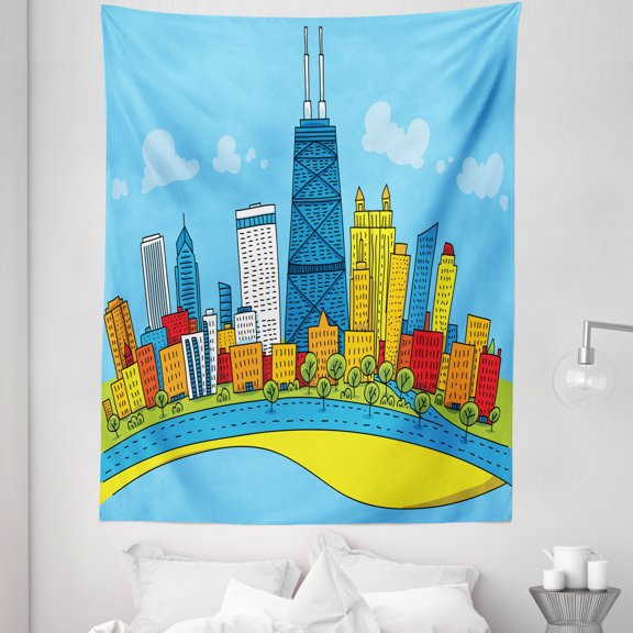 Chicago Skyline Tapestry, Cartoon Style City View with Colorful Buildings Caricature, Fabric Wall Hanging Decor for Bedroom Living Room Dorm, 5 Sizes, Multicolor, by Ambesonne