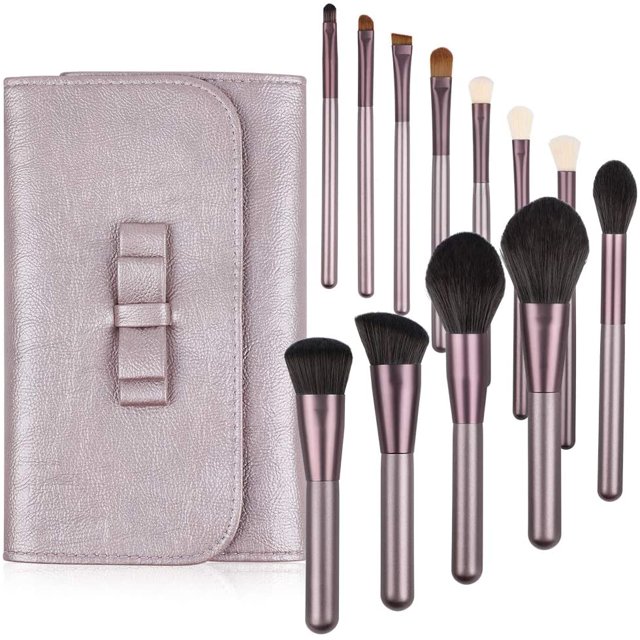Juego de brochas de maquillaje de 12 piezas con estuche Brochas cosméticas profesionales para base en polvo, sombra de ojos, delineador de ojos rosa oso de fresa Hogar