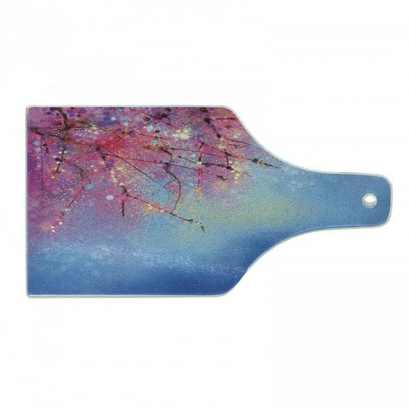 Flower Cutting Board, Sakura Branches Hangs down from Tree Branch Dramatic Night Oriental Plant Image Art, Tempered Glass Cutting and Serving Board, Wine Bottle Shape, Pink Blue, by Ambesonne