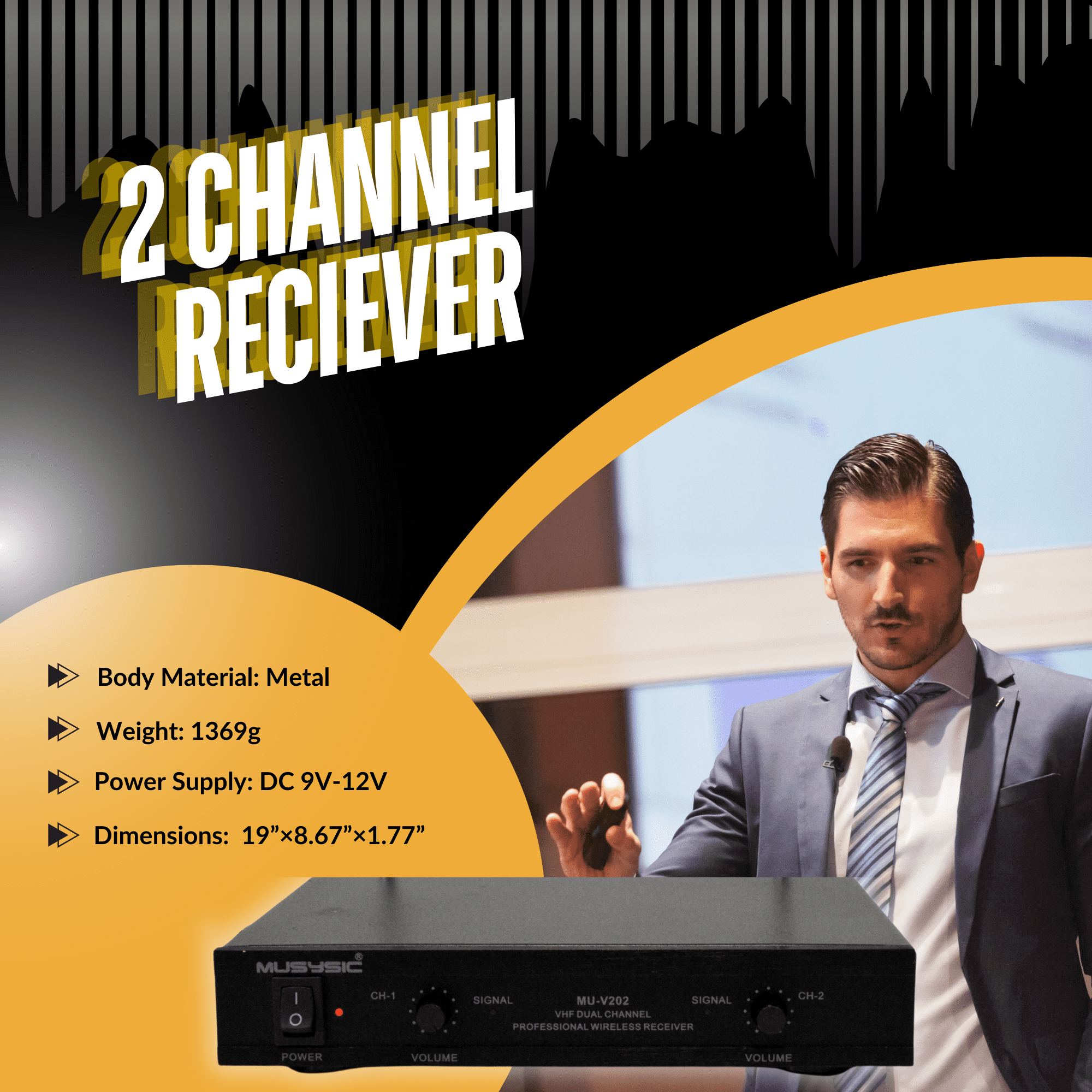 MUSYSIC MU‑V202‑LL Professional 2‑Channel VHF Wireless Microphone System – Dual Lavalier & Headset Mics, 170–250 MHz, Individual Volume Control, 120 ft Range