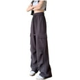 thumbnail image 2 of Plus Size Cargo Pants Women Straight Wide Leg Solid Color Drawstring Elastic Waist Fall Winter Casual Loose Sweatpants with Pockets,Dark Gray,M, 2 of 3