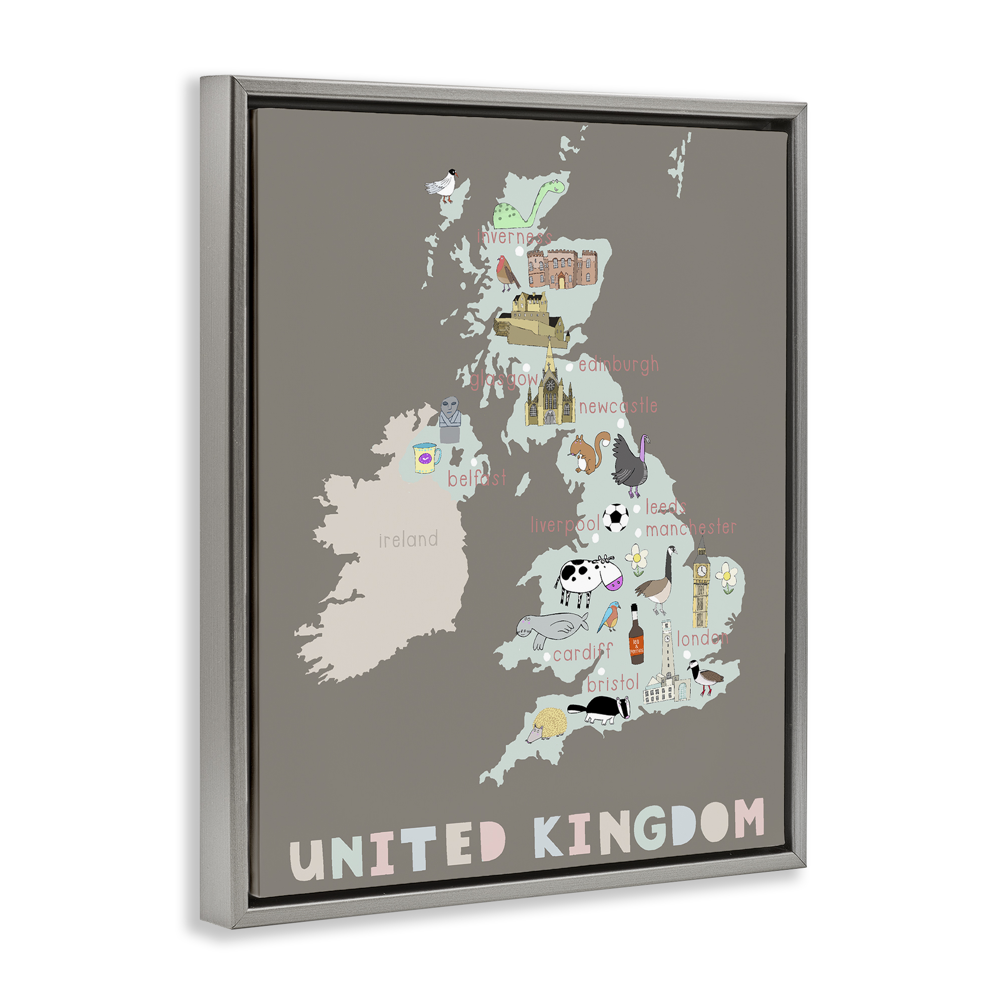 Kid's Map of United Kingdom Gray Framed Floater Canvas Wall Art, design by Carla Daly