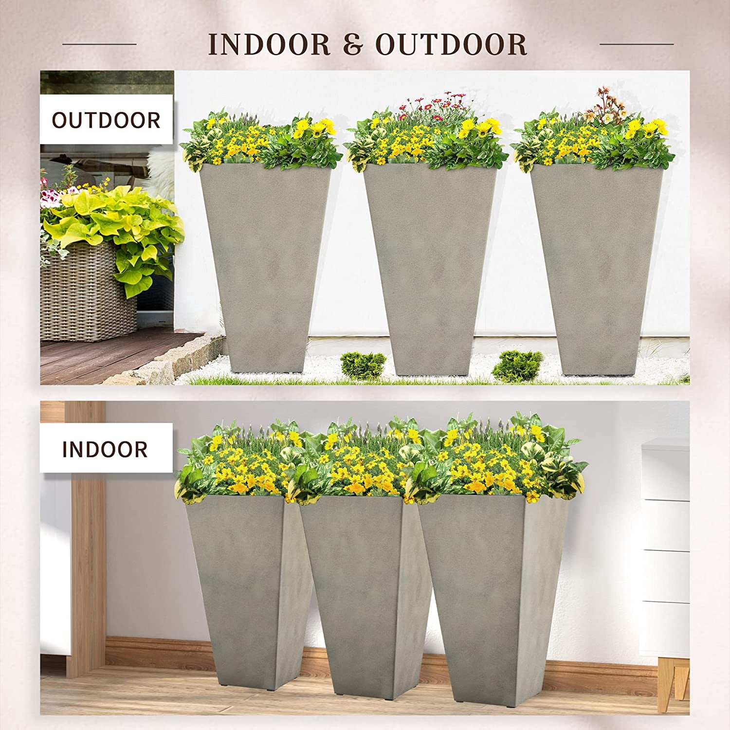 AINUO Set of 3 Tall Planters, 28 Inch Outdoor Flower Plant Pots with Drainage Holes, Indoor Outdoor Planters for Porch, Patio and Deck, Gray
