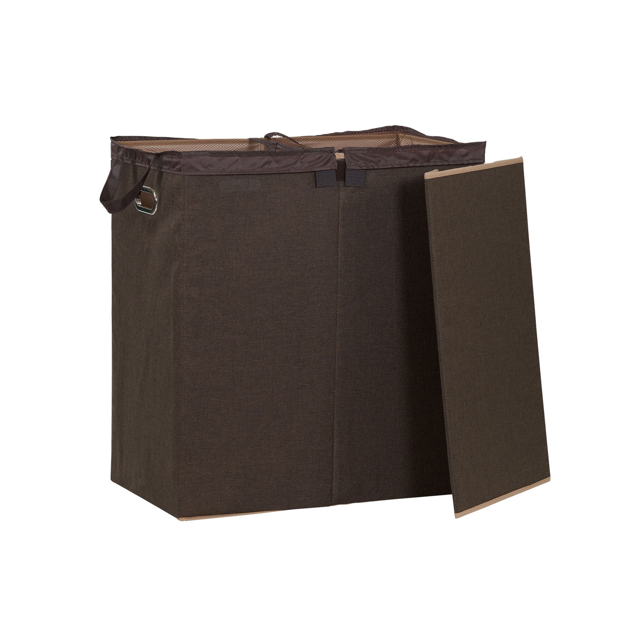 Household Essentials Double Laundry Hamper with Lid, Two Compartments for Easy Sorting with Removable Liner, Collapsible, Brown Linen 5614