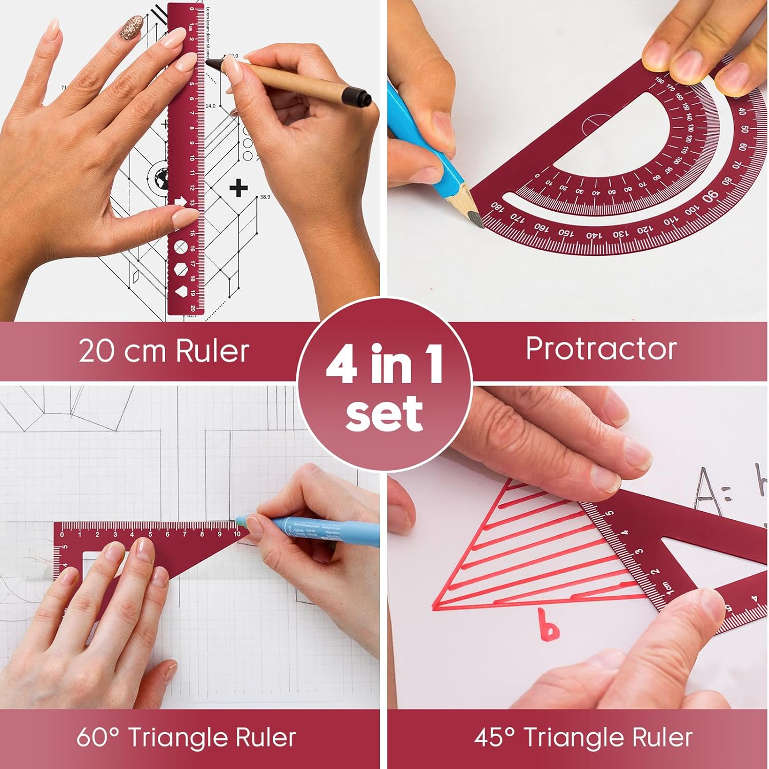 Triangle Ruler and Protractor t, 4 Pieces Aluminum Alloy Kit, Geometric for Student, School, Home, Office (Red, 20cm/7.87inch)