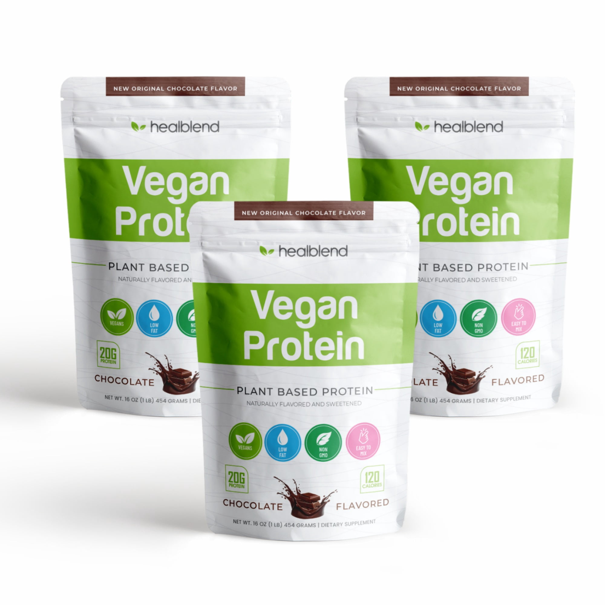 Healblend Organic Vegan Protein Powder - Plant Based Pea Protein Isolate Gluten-Free, Non-GMO, Erythritol-Free, Soy-Free, Dairy-Free, Chocolate Flavor - 3-Pack - 3lb