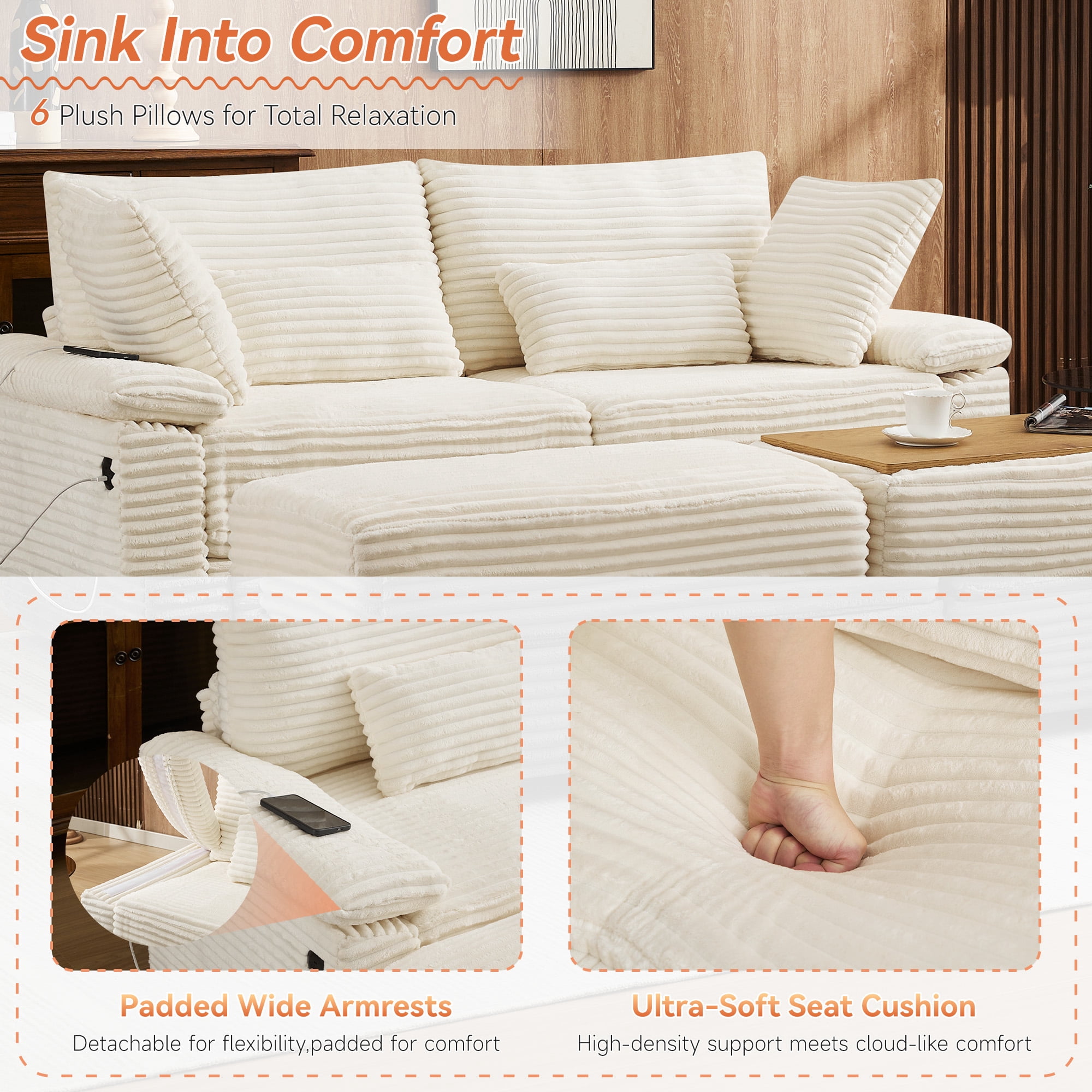 Corduroy Upholstered Sofa for Living Room,Modern Deep Seat Comfy Loveseat Couch with 2 Ottomans,Beige