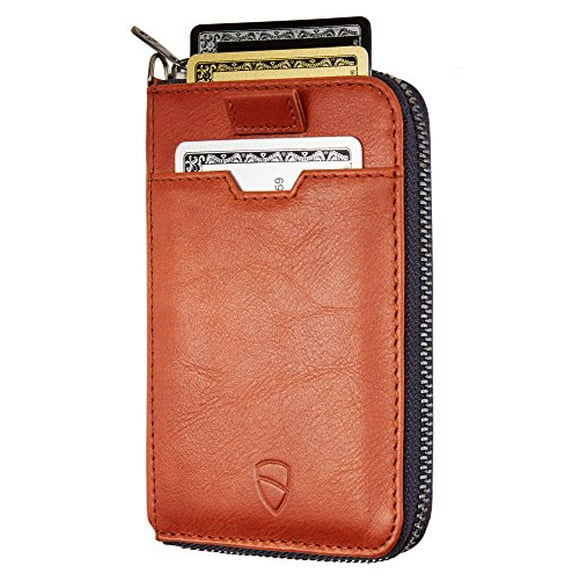 NOTTING HILL Minimalist Leather Zipper Wallet. Slim Multi Card Holder with RFID Blocking Cognac