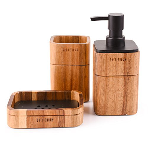 Satu Brown Bathroom Accessory Set Acacia Wood 3 Pieces Includes Soap Dispenser 