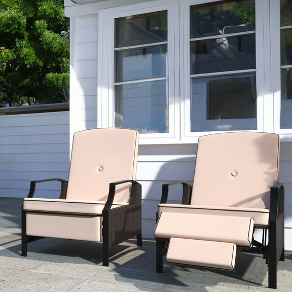 Dextrus 2-Piece Adjustable Wicker Recliner Chairs, Dual-Use Rattan Lounge Chairs with Thick Cushions, Extendable Footrest, Fold-Back Design - Brown Beige