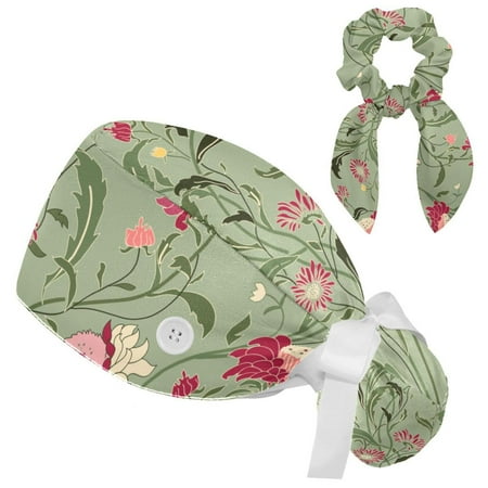 

Working Cap with Buttons and Sweatband Scrub Hat Bouffant Caps with Scrunchie Wildflowers and Leaves Tie Back Hats