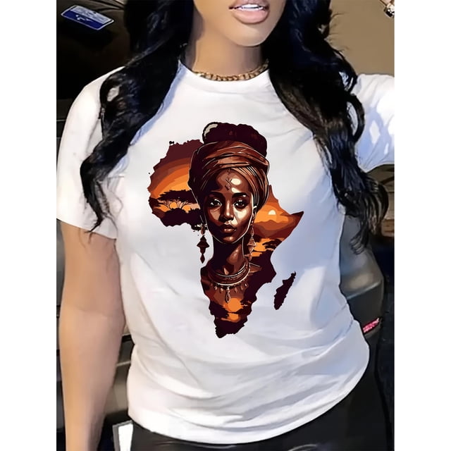 Camiseta de cuello redondo con estampado de mapa y figura, camiseta informal de manga corta para primavera y verano, ropa de mujer, top deportivo de ocio