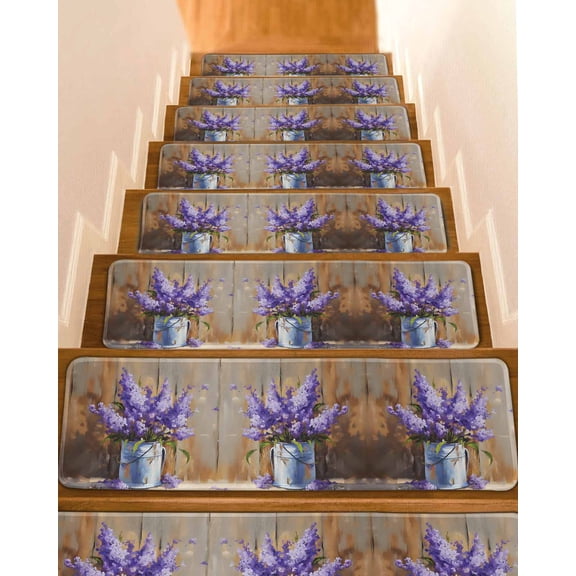 Lavender Stair Treads for Wooden Steps Indoor Runner Rug Carpet, Spring Floral Purple Watercolor Vintage 10 Pieces Peel and Stick Staircase Step Treads Covers Washable Throw Door Mats, 30"x8"