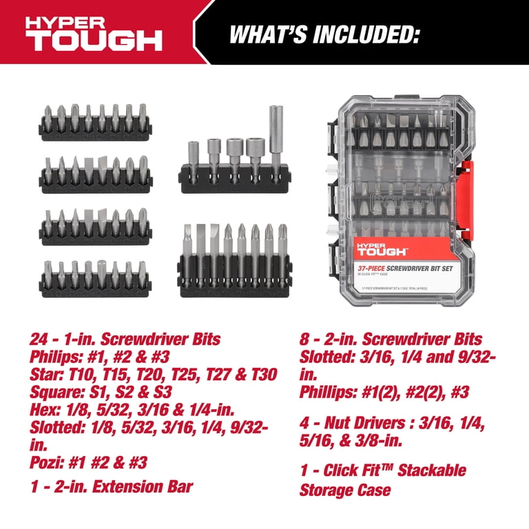 Hyper Tough 37-Piece Screwdriver Bit Set Click Fit Case with 1