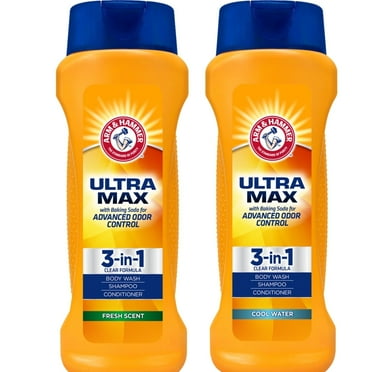 Arm & Hammer Ultra Max w/Baking Soda 3 in 1 Bodywash, Shampoo, Conditioner (Fresh Scent & Cool Water), 15 Fl oz Each |Pack of 2