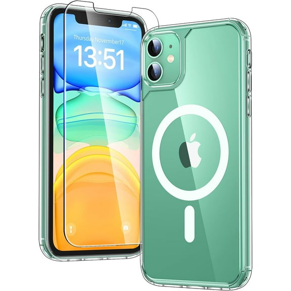 for iPhone 11 Phone Case Clear [Compatible with Magsafe], with 2X HD Screen Protector, [Military Grade Drop Protection] Shockproof Slim Case for iPhone 11 Case 6.1 inch