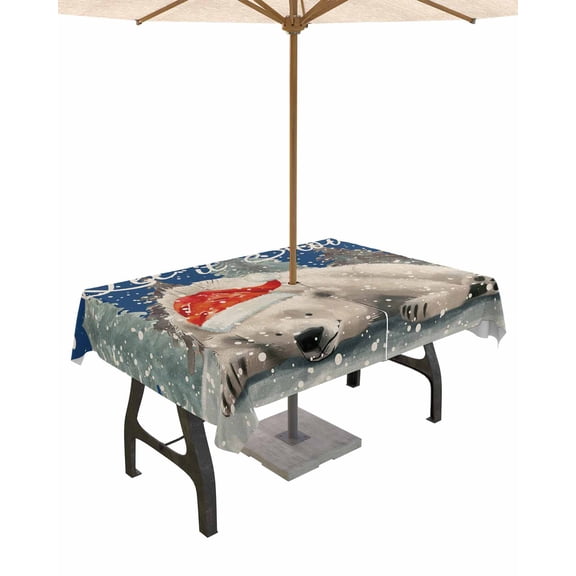 Boanket Outdoor Tablecloth with Umbrella Hole for Patio/Picnic/Party/Camping, Vintage Blue Christmas Waterproof Table Cloth Rectangle Table Cover Washable, Xmas Bear Tree Snowflake (60"x 84")