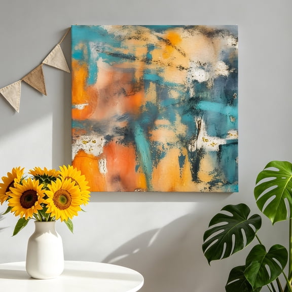 Color Blocks Canvas Wall Art for Living Room, Abstract Minimalist Orange Teal Paint Splatters Texture Poster Print Painting for Bedroom Office Gallery Decoration Wall Pictures Prepare To Hang 12"x12"