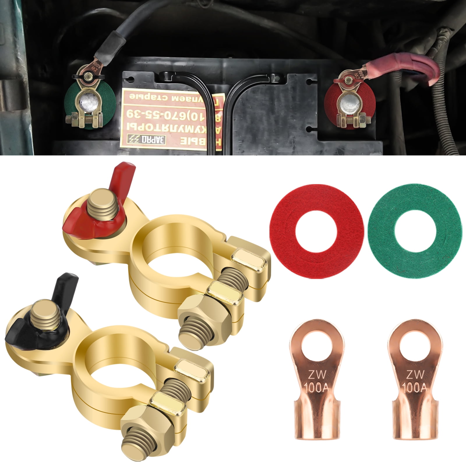 2 Pairs Terminals Connectors Quick Release for RV Motorbike Car Truck Boat Caravan Battery Terminals & 100A Open Barrel Wire Lugs 12V/24V Solid Brass Clamps Connectors with Colour Coded Wing Nuts 