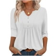 thumbnail image 4 of Lenpel Women's Tunic Tops 3/4 Length Sleeve Notched V Neck Pleated Front Curved Hem Flowy T Shirts Casual Loose Tee Blouses(White,X-Large), 4 of 4