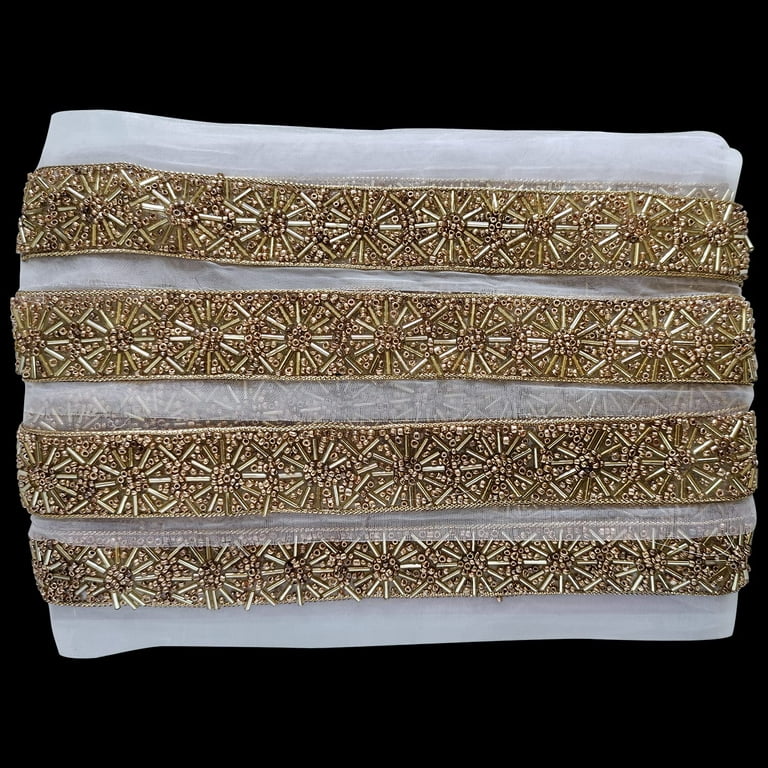 Trimming Shop Indian Lace Ribbon Decorative Trim Piping & Beaded Ribbon,  Golden, 50mm Wide, 4 Mtrs