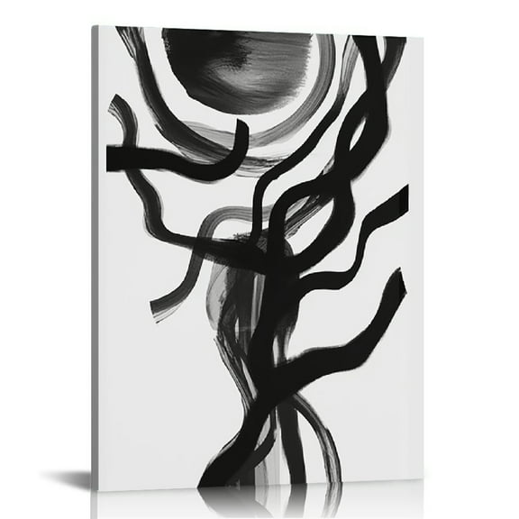 JEUXUS Black and White Boho Abstract Wall Art Stretched and Framed Canvas Painting Black Fluid Ink Geometry Black Line Wall Art for Living Room Office Bathroom Bedroom Wall Decor 16x20 inch
