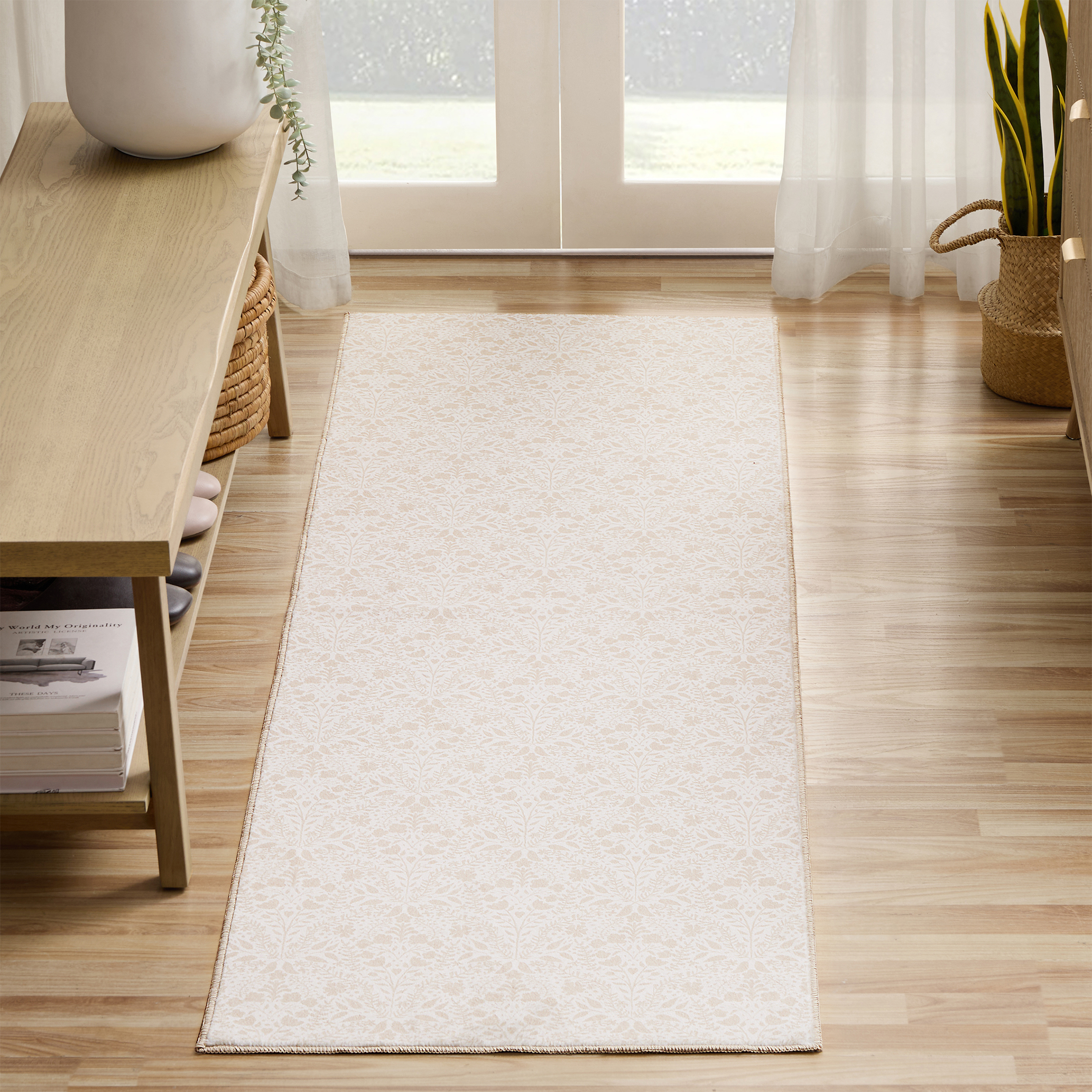 My Texas House Ivory Floral Faux Fur Washable Indoor Runner Rug, 2' x 7'