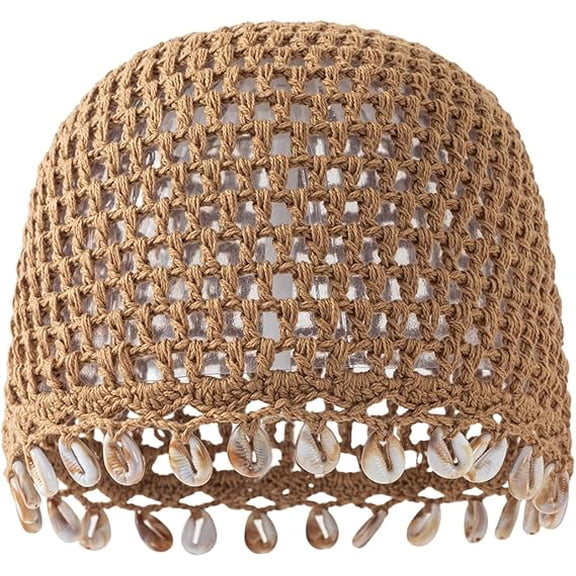 Knit Beanie Skull Cap Crochet, Women's Boho Cotton Sun Hat with Hanging Shells, Lightweight Lightweight Open Wave Summer Headwear for Beach Party