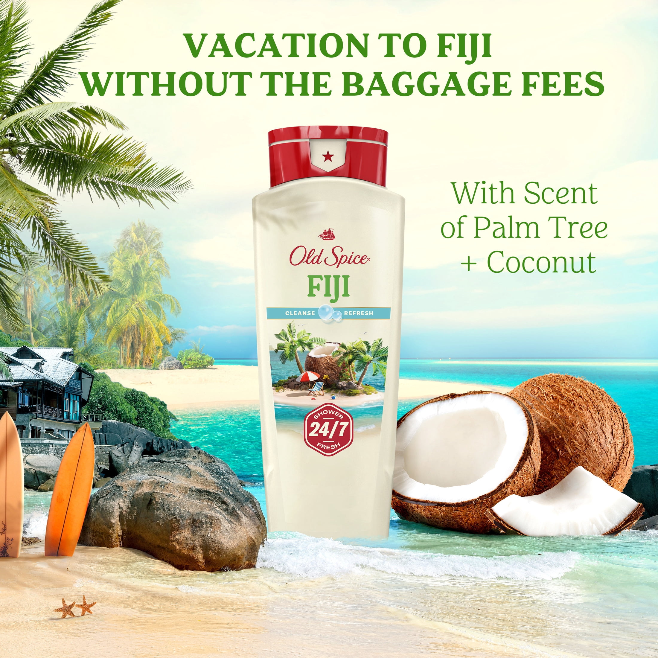 (2 pack) Old Spice Body Wash for Men, 27/7 Shower Fresh, Fiji with Palm Tree Scent, 18 fl oz
