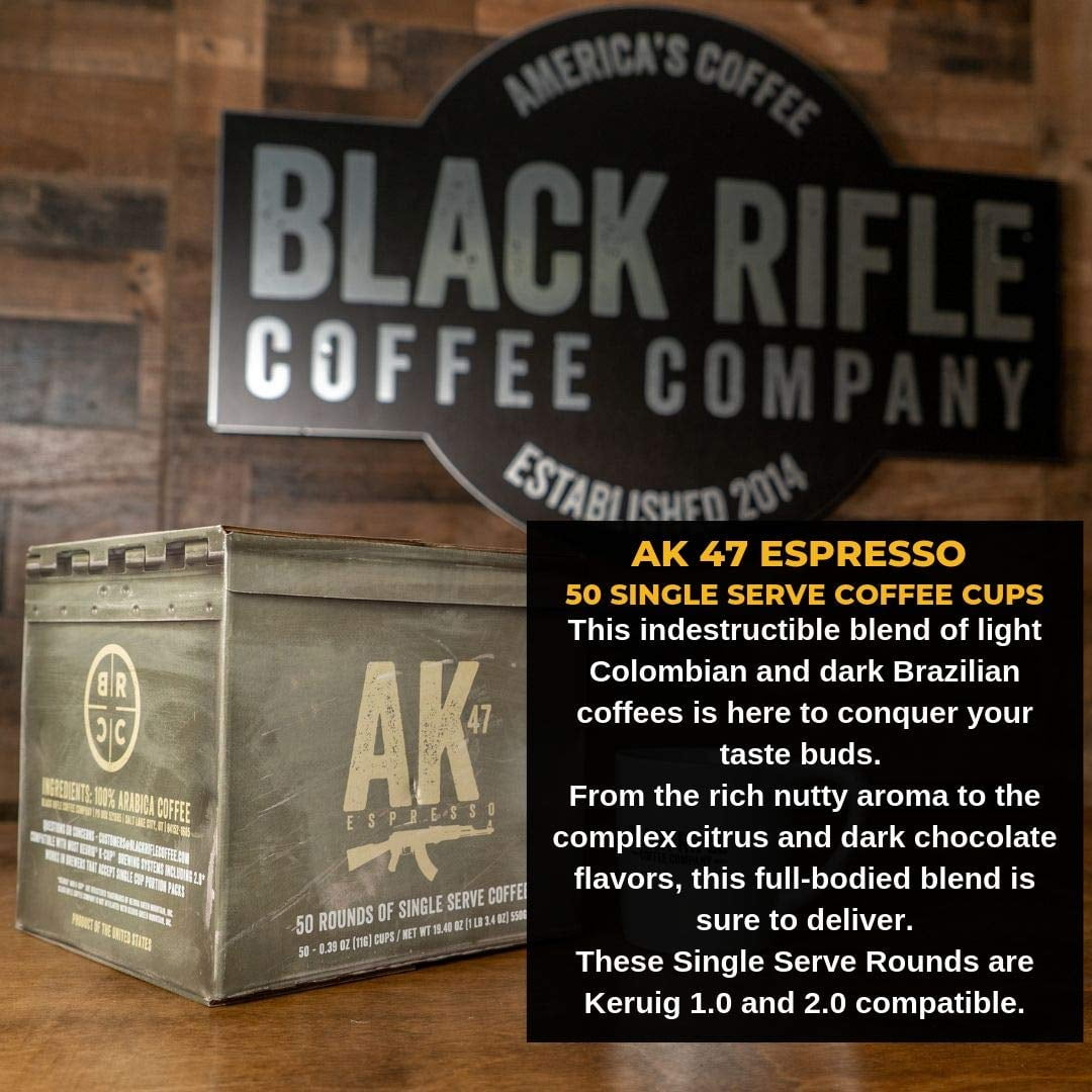 Black Rifle Coffee Company AK Espresso, 50 Count, Medium Roast K Cups - Single Serve K Cups Coffee Pods - Kcup Pods Compatible with Keurig 1.0 & 2.0 - Made from Arabica Beans