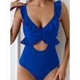 thumbnail image 2 of Swimsuit for Women Tummy Control Ruffle Bathing Suit V Neck Ruched Slimming Cutout Swimwear Royal Blue L, 2 of 4