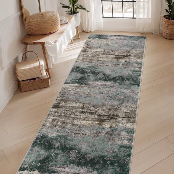 VUNATE 3'x7' Runner Rugs for Hallway Machine Washable Runner Abstract Vintage Distressed Indoor Rug Carpet Soft Lightweight Area Rug for Bedroom Bedside Laundry Kitchen Foldable Nonslip Rug Teal
