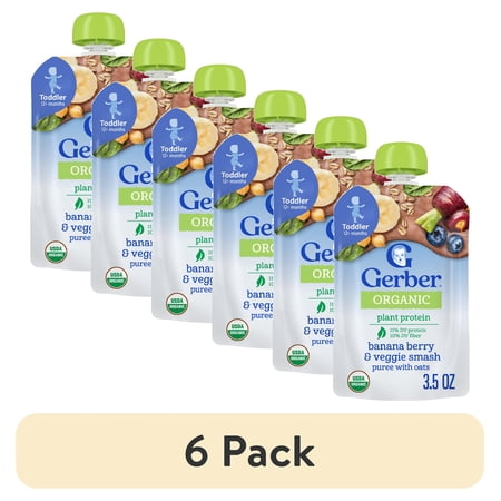 (6 pack) Gerber Organic Plant-tastic Toddler Food, Banana Berry & Veggie Smash, 3.5 oz Pouch