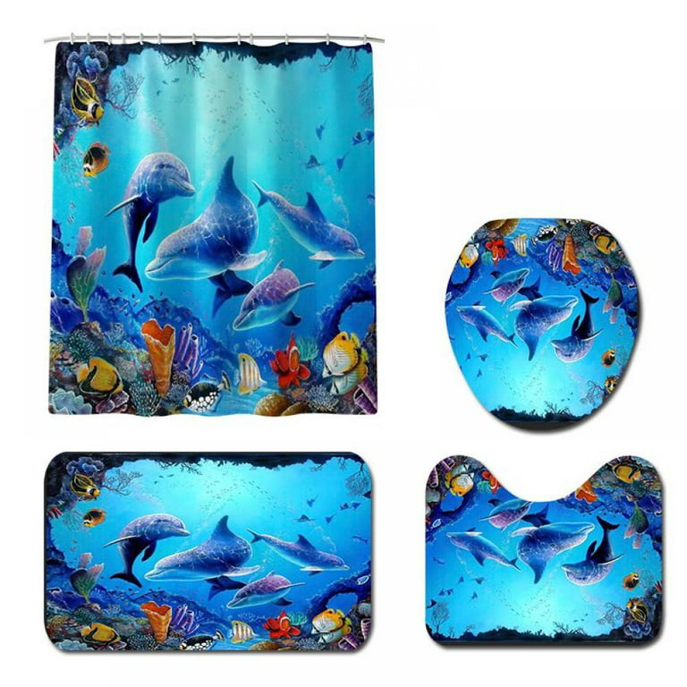 Dolphin Shower Curtain, Blue Underwater World Marine Life Tropical Fish  Algae Coral Reef, 72 x 72 Kids Ocean Theme Bath Curtain, Polyester Fabric  Bathroom Decor Set with 12 Hooks 