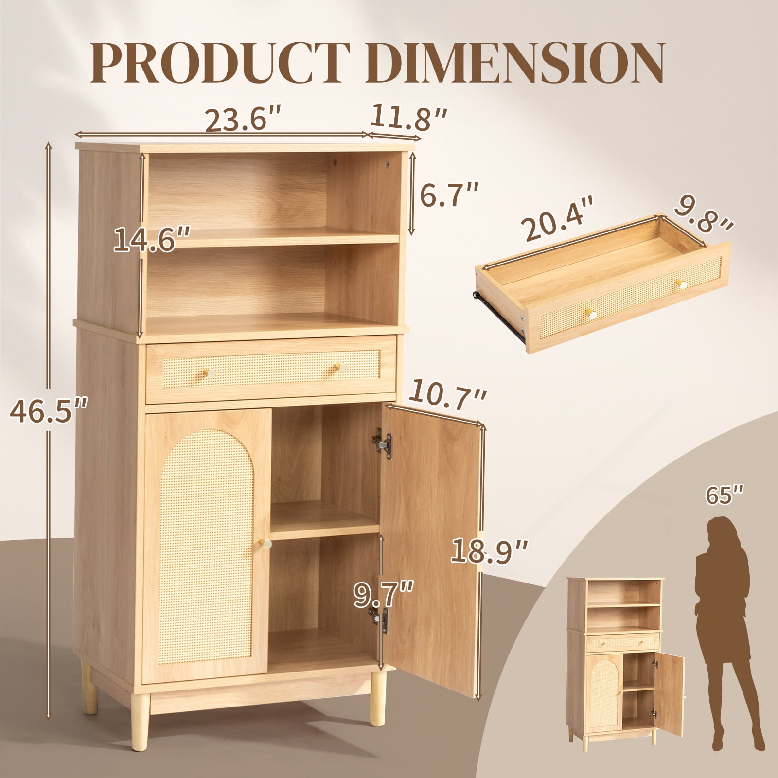 Ktaxon Freestanding Bathroom Floor Cabinet with Large Drawer, 2 Doors & Adjustable Shelves for Kitchen Living Room, Rattan