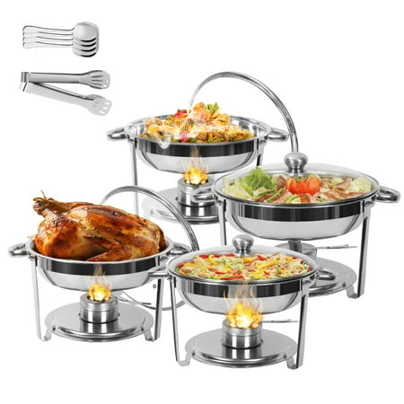 

AQRS 5.5L Buffet Dish Catering Food Warmer Round Chafing Dish Buffet Set Stainless Steel Chafing and Buffet Warmers Set with Visible Lid (4Pcs Stoves 4Pcs Scoops and 2Pcs Tongs)