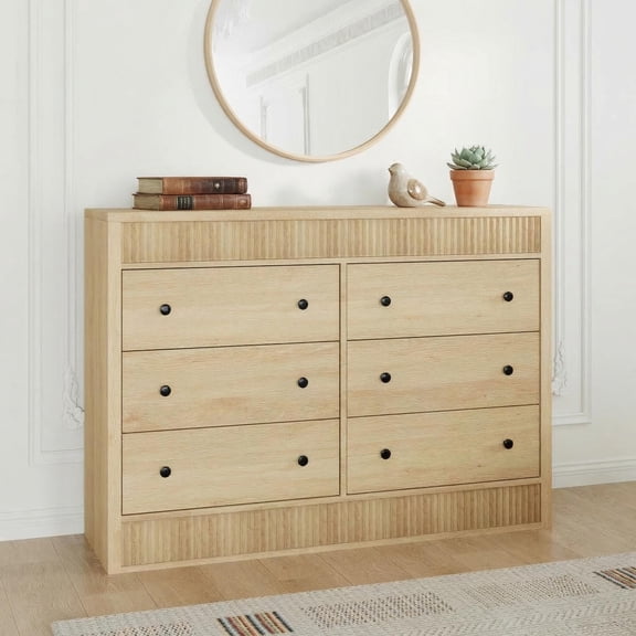 6 Drawer Dresser, 47.2" Wide Fluted Wooden Chest of Drawers, Modern Storage Organizer for Bedroom Living Room Hallway Entryway, Natural Oak
