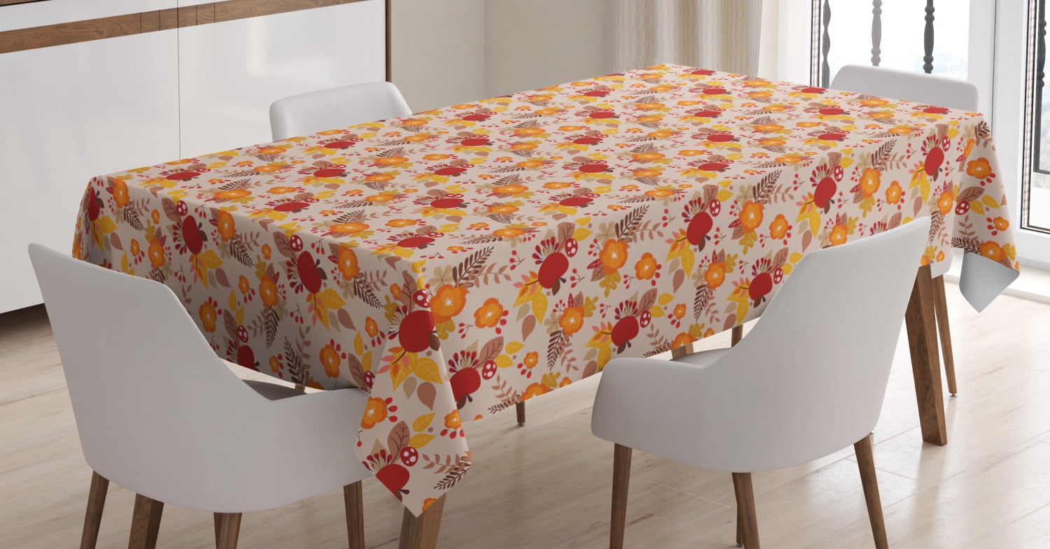 Colored Tablecloth Autumn Tablecloth, Warm Colored Foliage Pattern with Blossoming Flowers ...