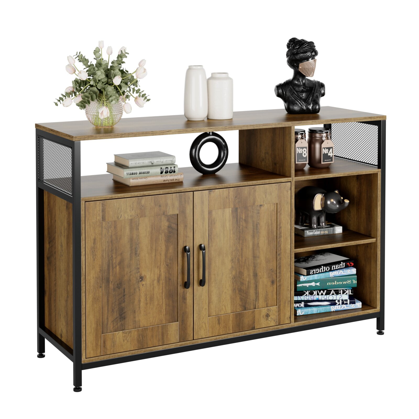 Homfa Industrial Buffet Kitchen Sideboard with 2 Doors and Open Shelves, Floor Storage