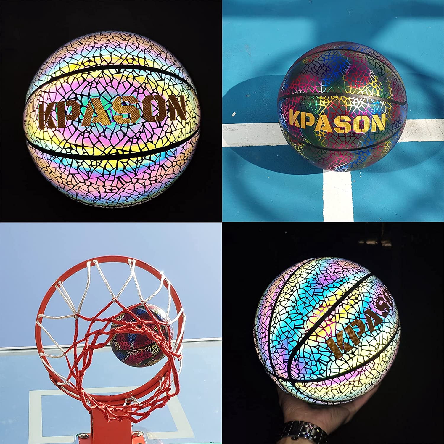 Basketball, Holographic Glowing Basketball Indoor Outdoor Multicolor Size 5 (27.5") for Boys Girls Gift